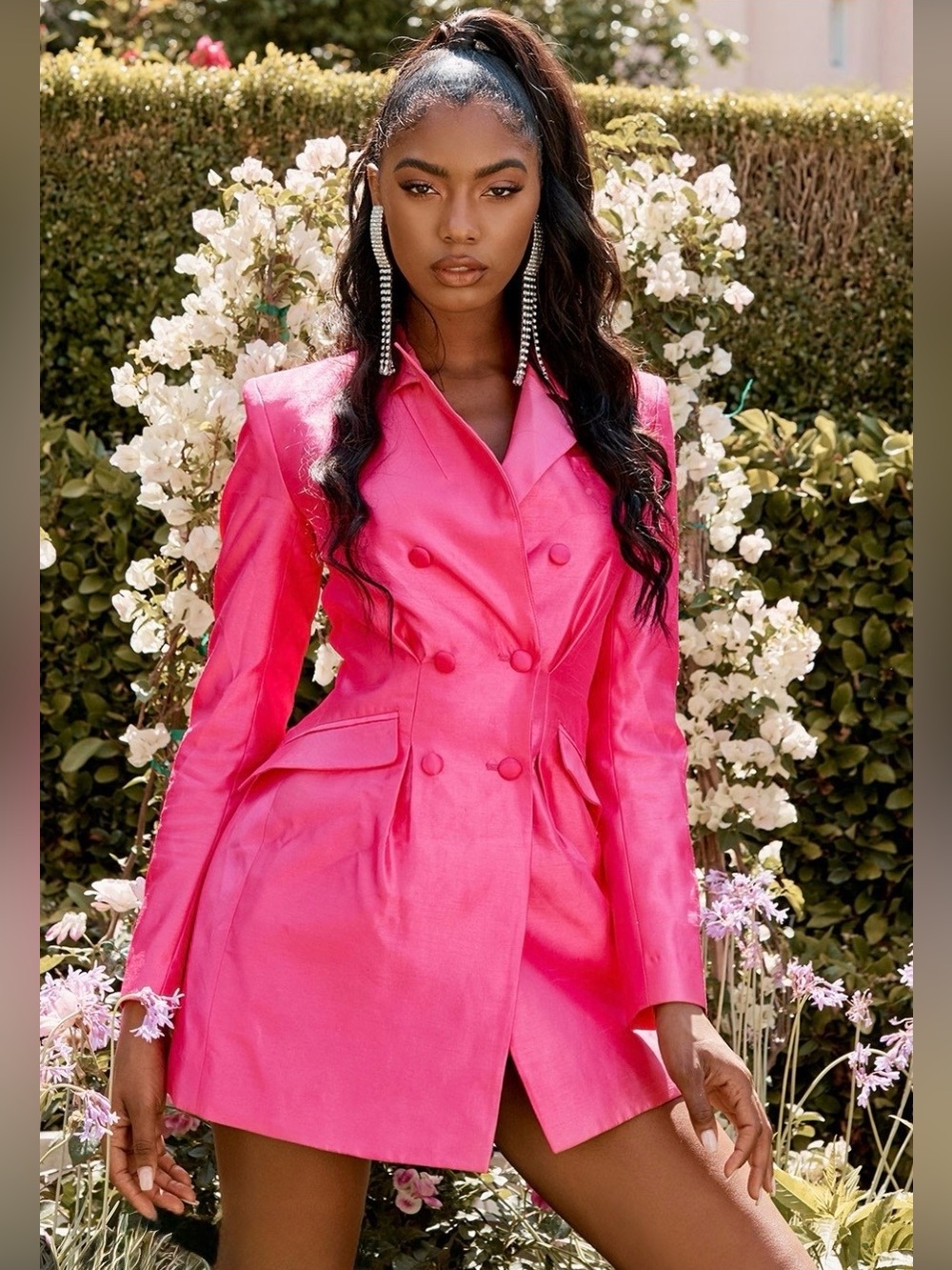 House of CB Hot Pink Double-Breasted Satin Blazer Dress